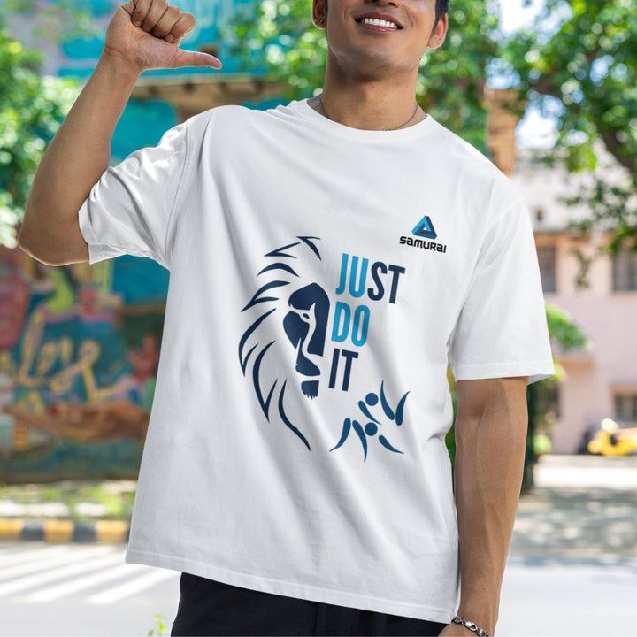 CAMISETA MASCULINA SAMURAI BRANCO JUST DO IT MODELO